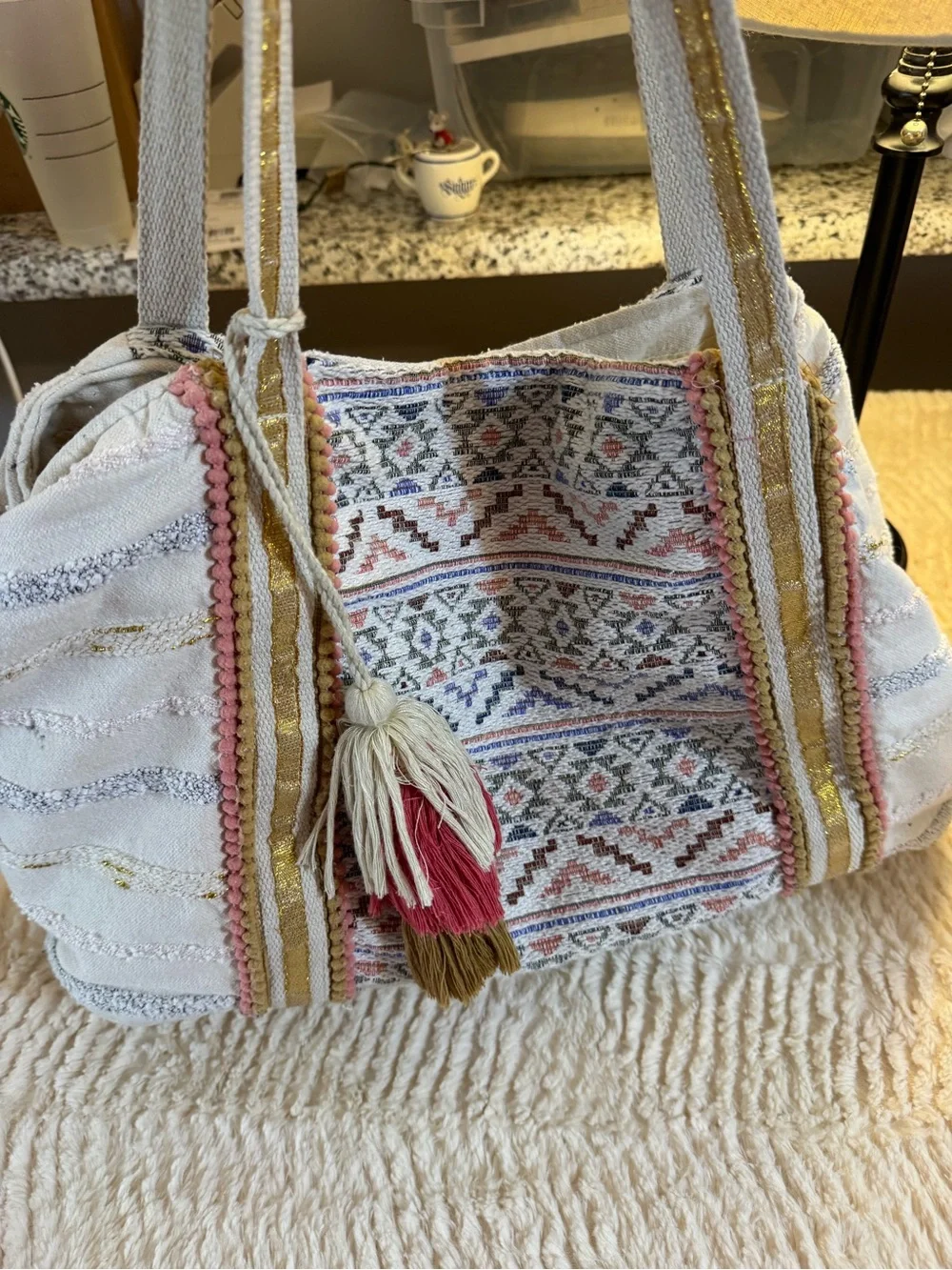 Boho White Tote with Pink, Gold and Brown Accents preloved can be cleaned